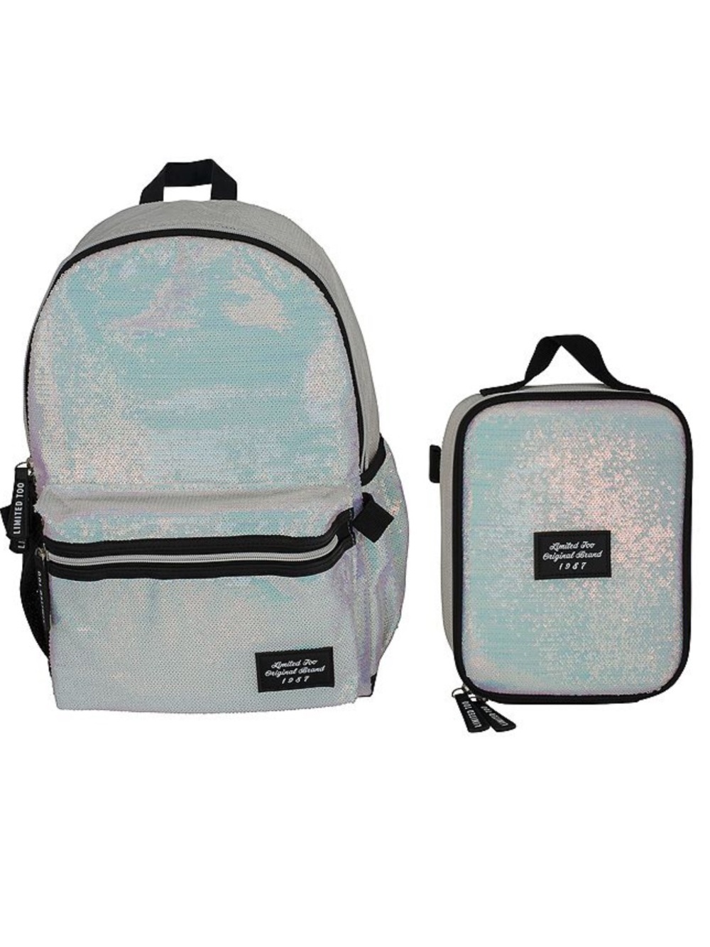Limited Too Iridescent Sequin Backpack and Lunchbox Set - Light Blue/Pearl/black